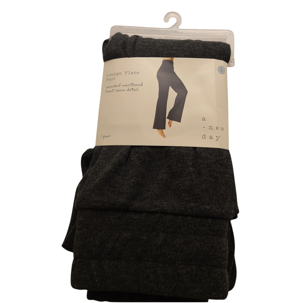 A New Day Lounge Flare Pant Charcoal Gray Smocked Waist Front Seam Size L NWT